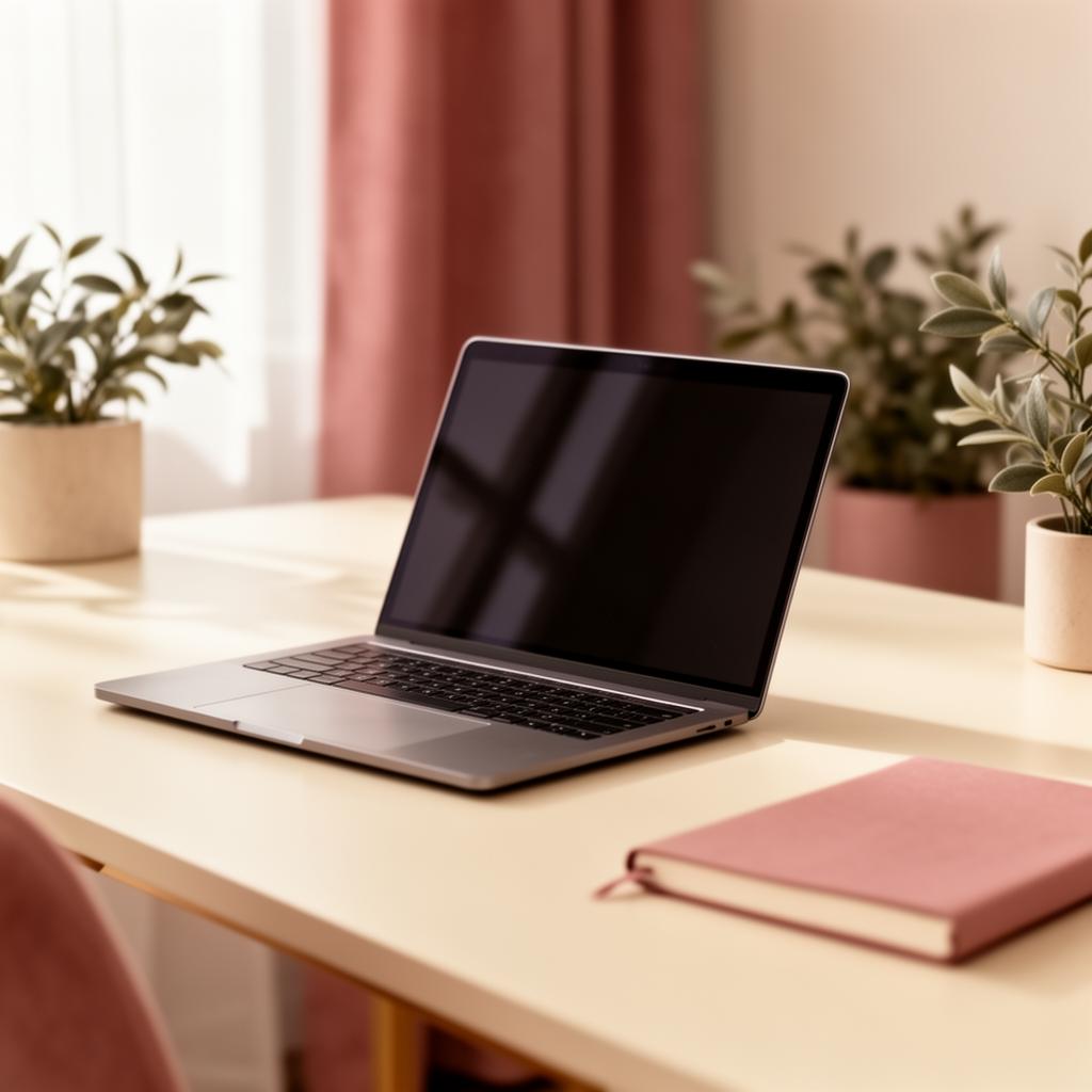 Premium χώρος εργασίας digital marketing με laptop και σημειωματάριο σε απαλούς τόνους κρεμ και dusty rose